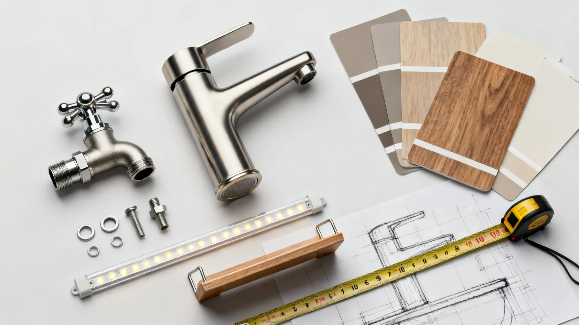 Flatlay of faucet sample, valve kit, LED strip and color swatches for a small kitchen upgrade.