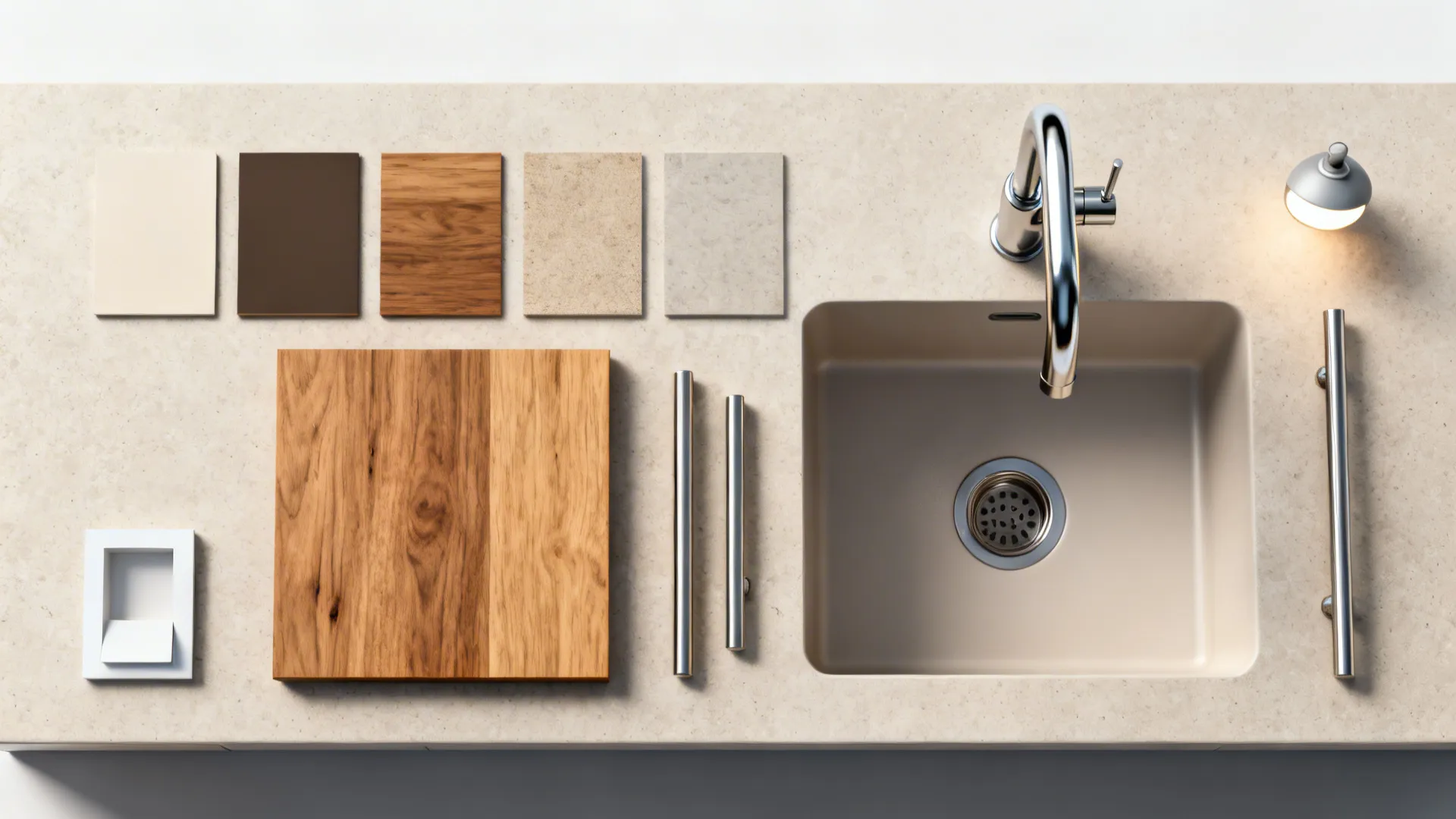 Flatlay of material swatches and finishes for a small kitchen remodel