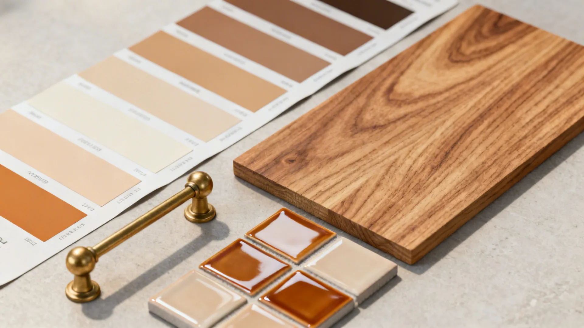 Interior design materials showing paint color samples wood board small tiles and a gold handle