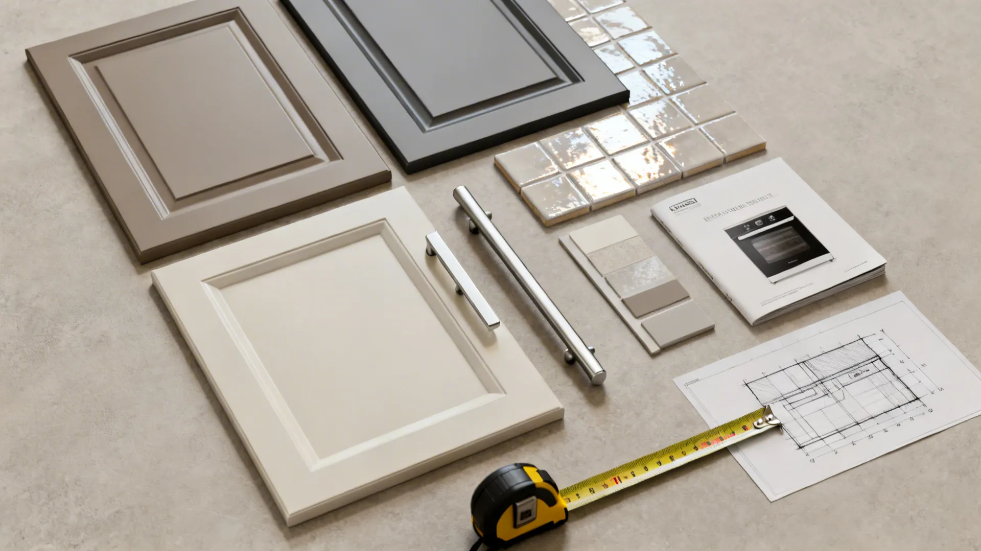 Flatlay of cabinet, tile and hardware samples with measuring tape for a small kitchen remodel
