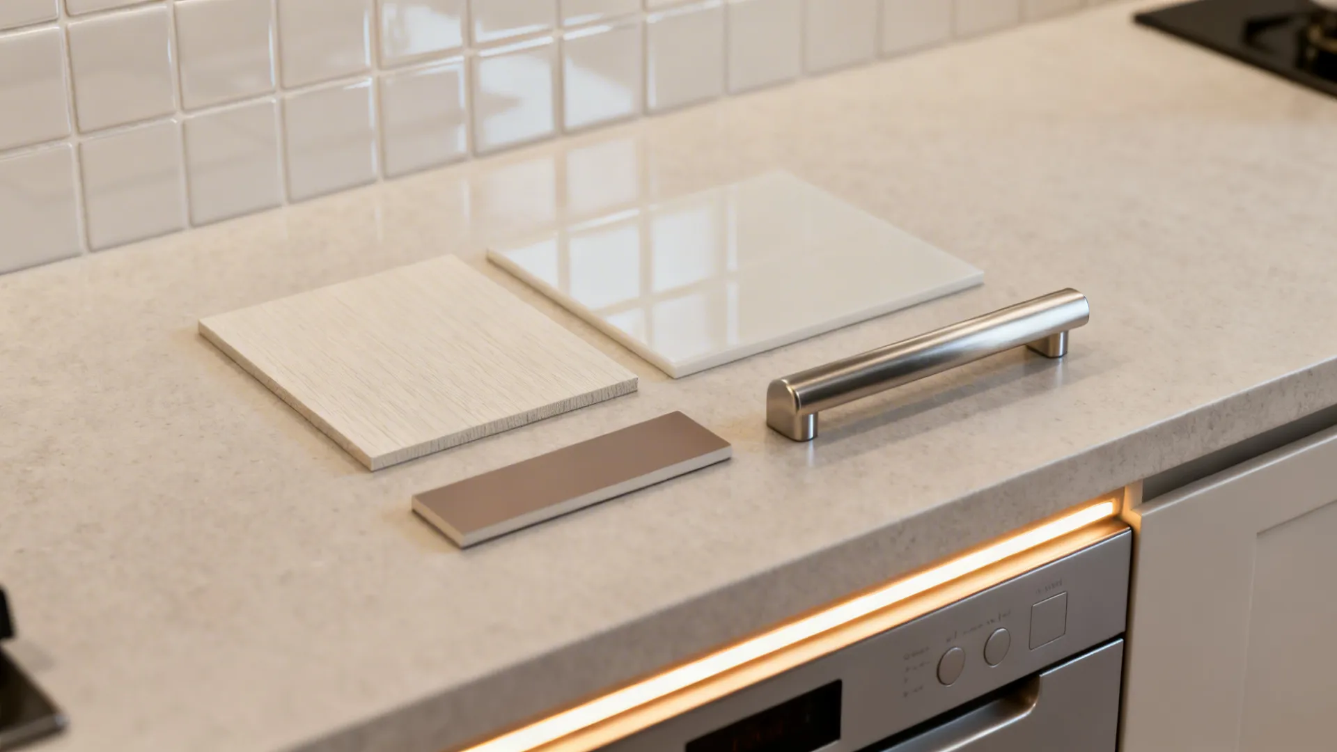 Flatlay of light kitchen material samples: laminate swatch, glossy tile, metal handle, appliance color sample and LED strip.
