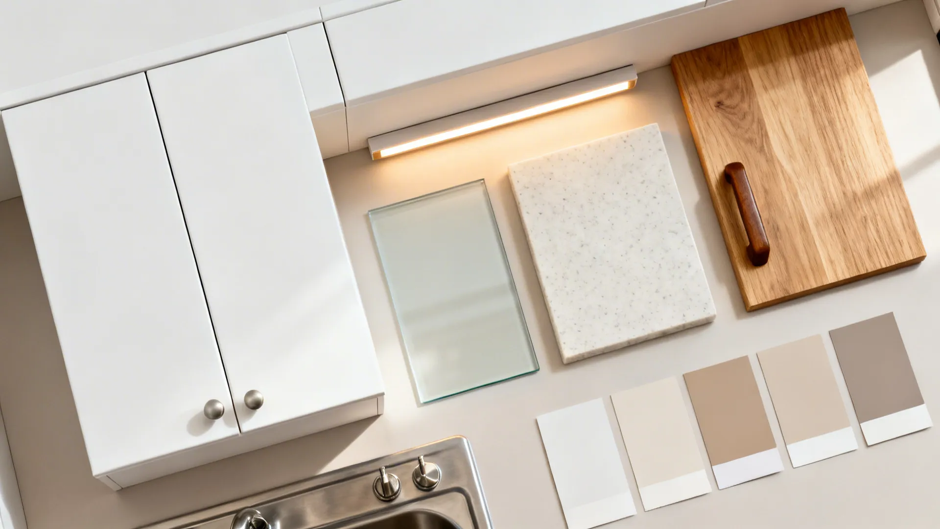 Flat lay of matte white cabinets, glass, quartz, oak, walnut, and warm LED strip.