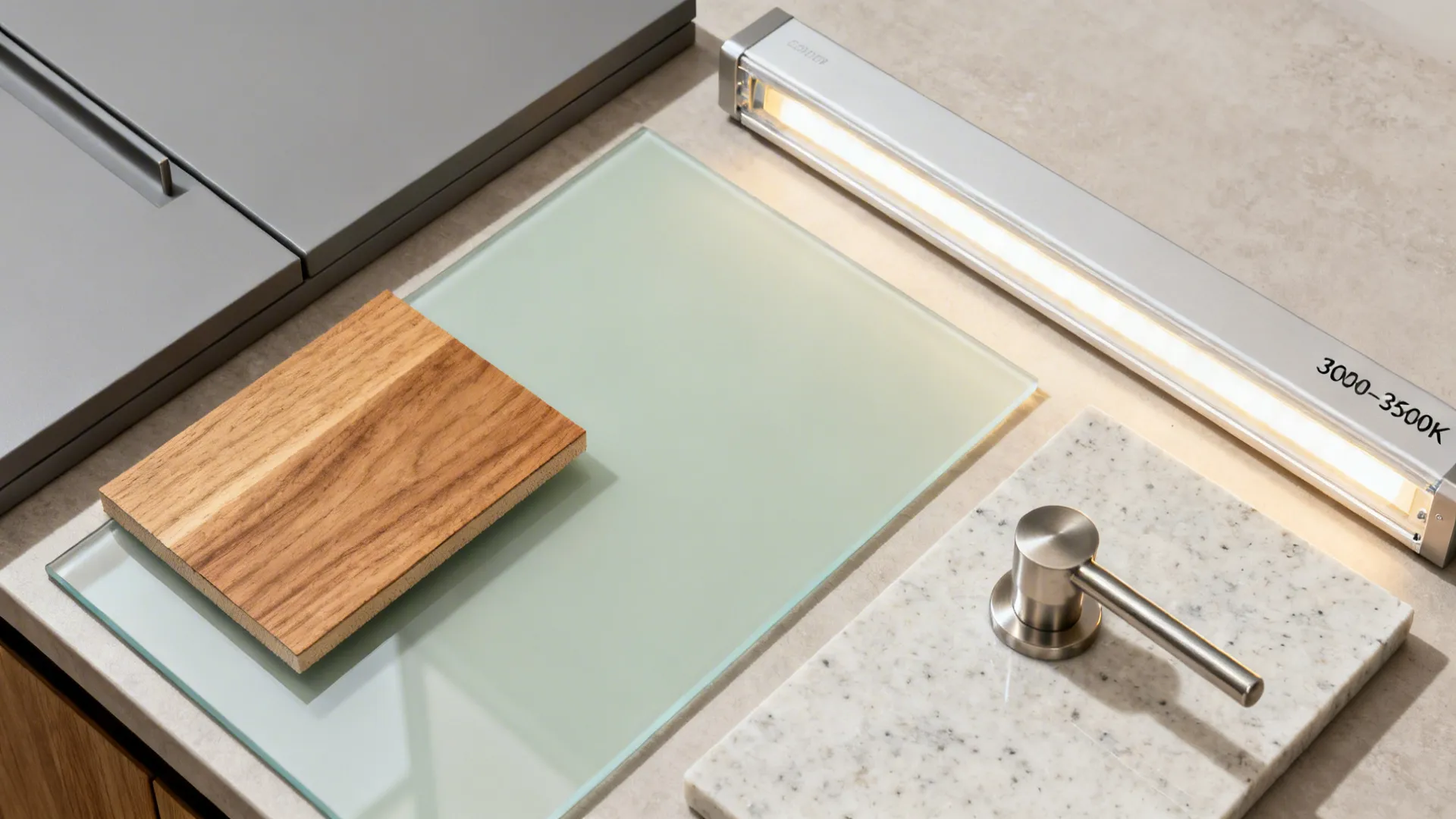 Flat lay of matte gray cabinet, rift-cut oak, pale sage glass, quartz, stainless hardware, and LED strip samples.