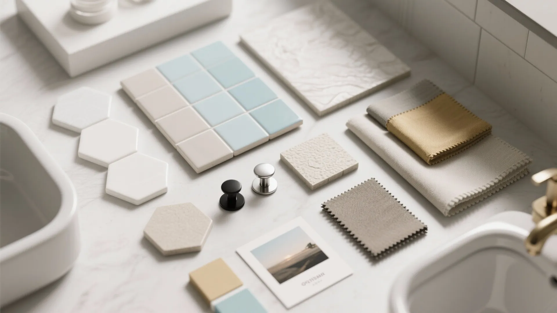 Collection of bathroom material samples including tiles and fabric swatches on a white marble surface