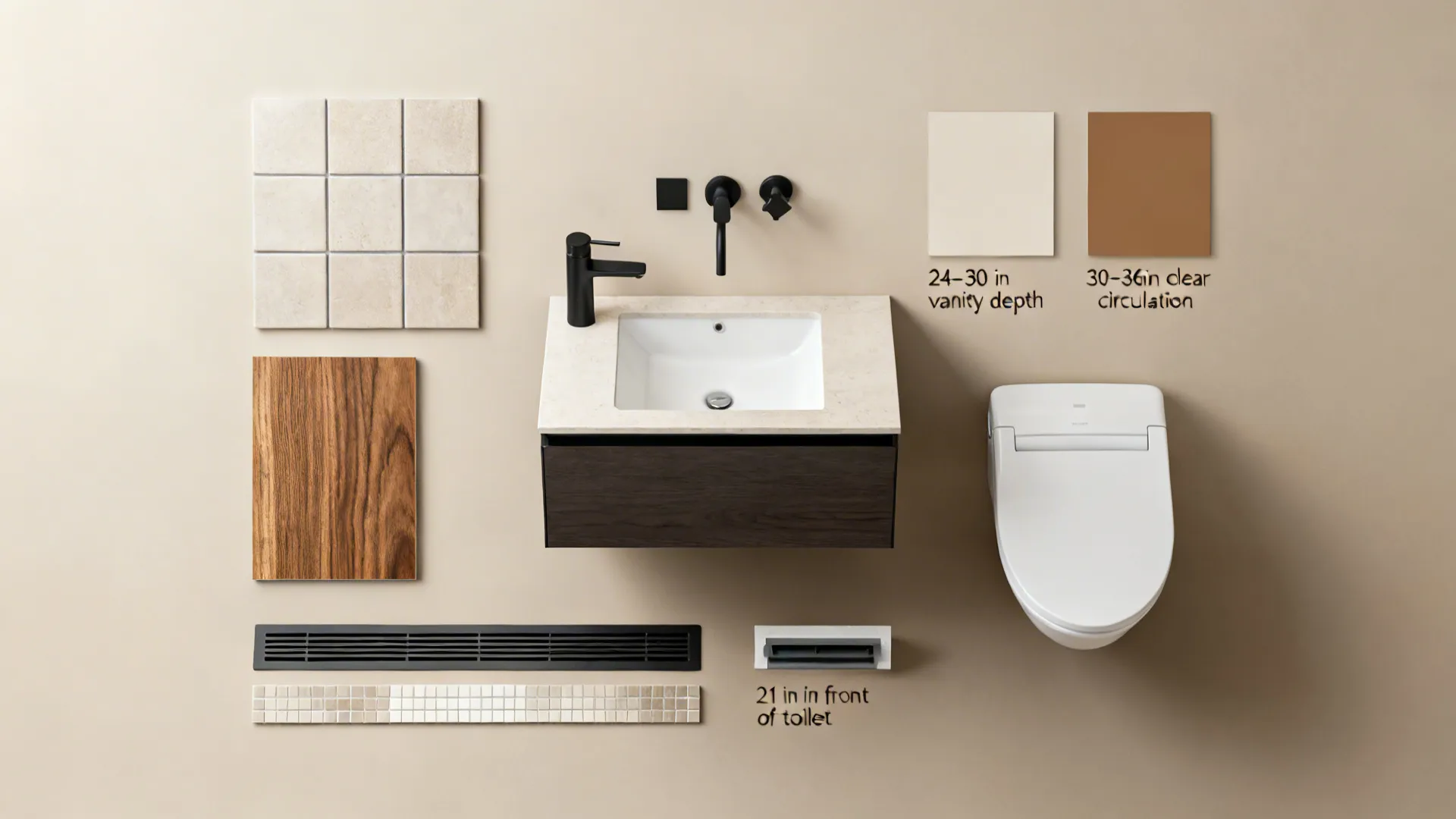 Flatlay of bathroom material samples and dimension notes showing tiles, fixture finishes, and storage ideas