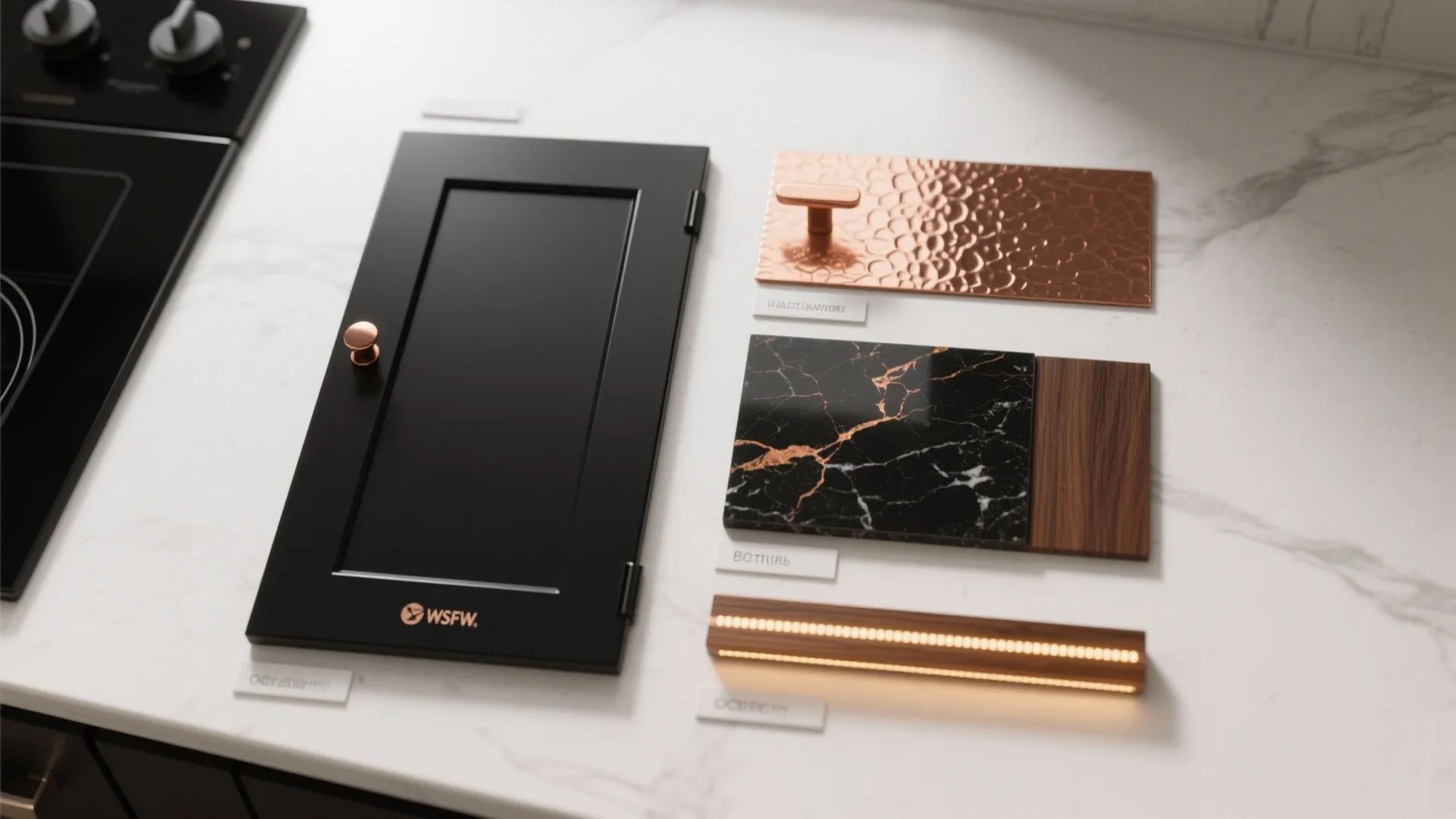 Collection of kitchen design materials including black cabinet door copper plate marble and wood samples