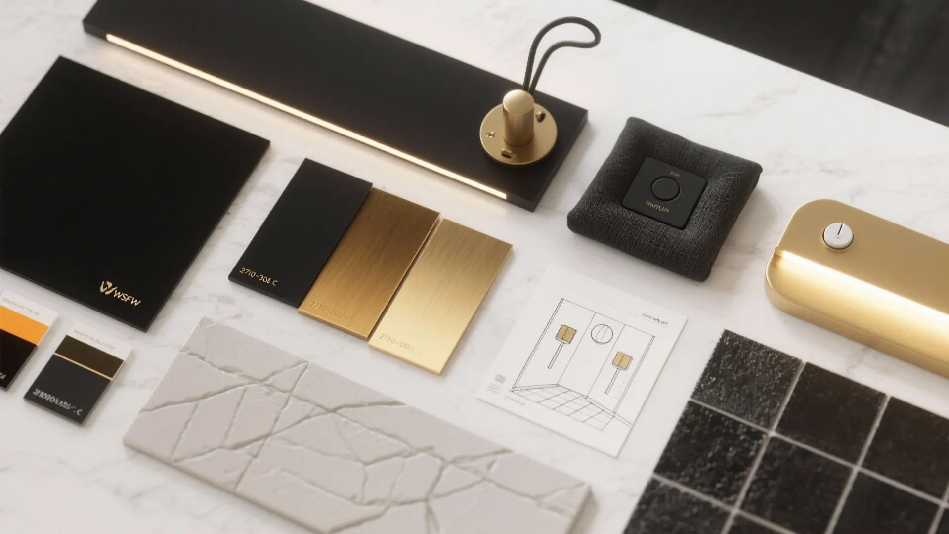 Flatlay of matte black and brushed gold finish samples, warm LED chips and a small sketch for sconce placement.