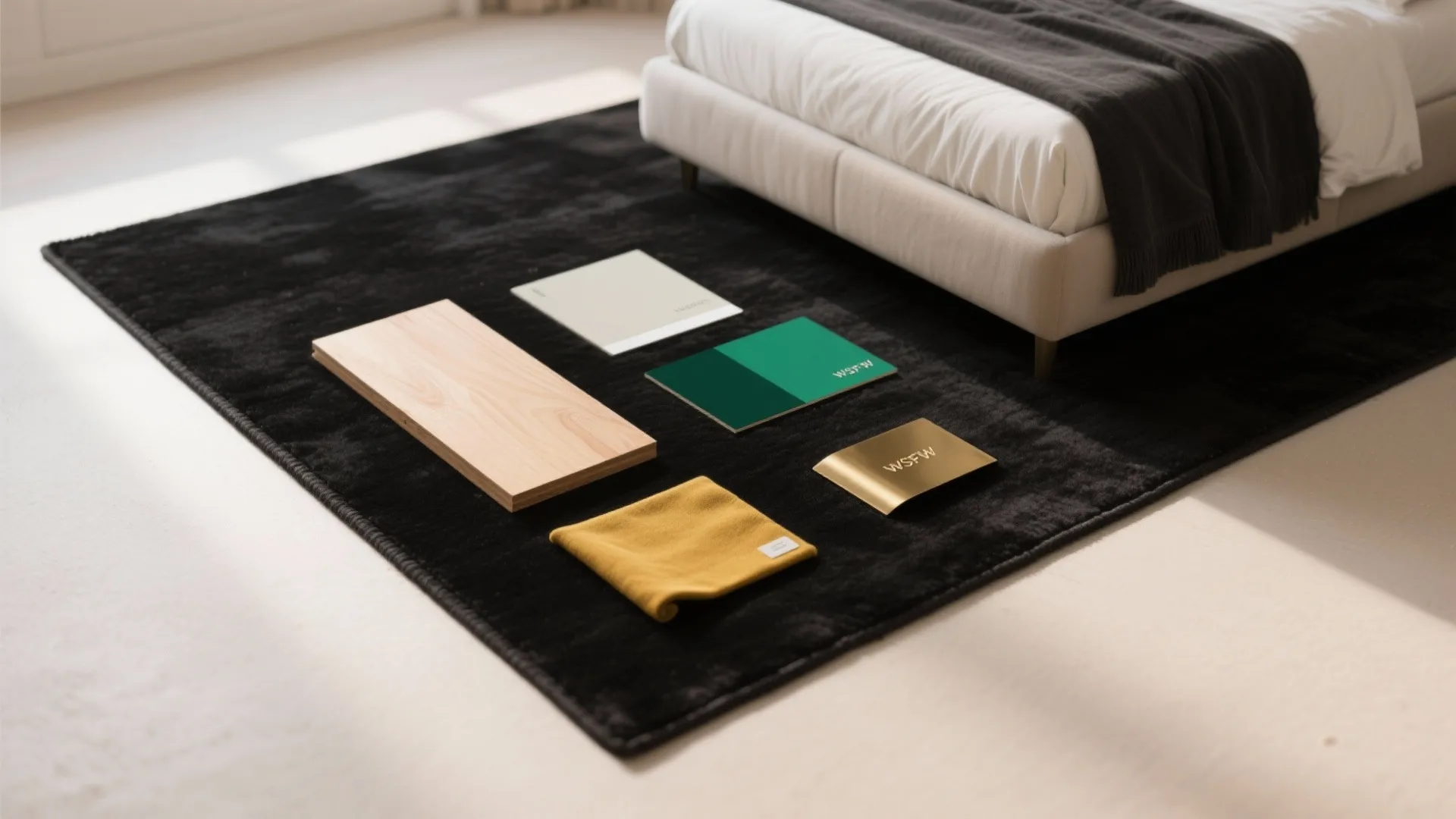 Top-down flatlay of materials and color swatches for styling around a black rug