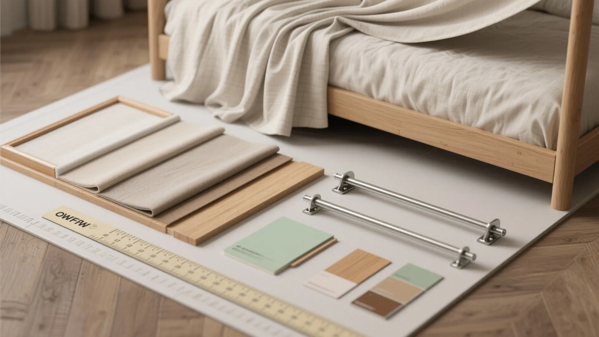 Flatlay of fabric swatches, slim frame samples, hardware and color chips for canopy planning.