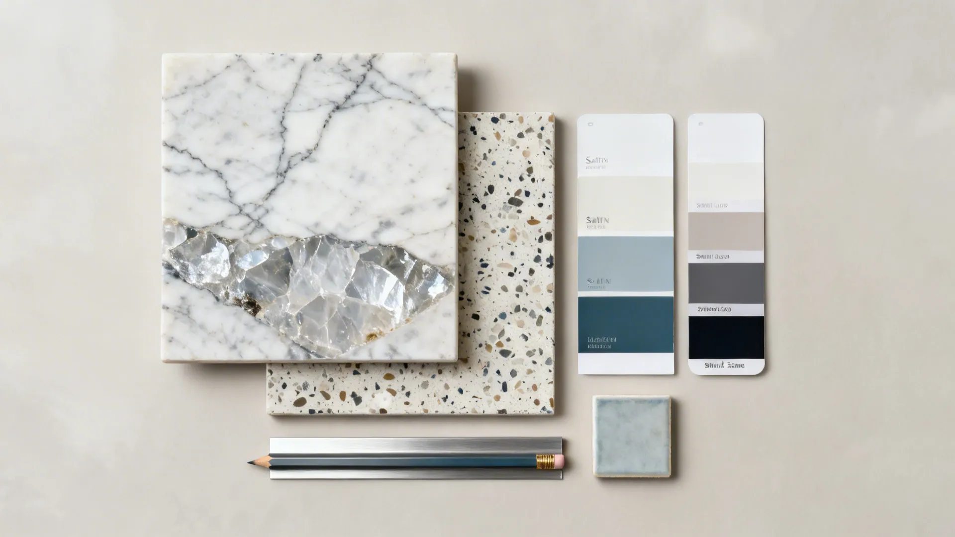 Flat lay of quartzite, terrazzo, paint swatches, and trim for a color-blocked splash concept.