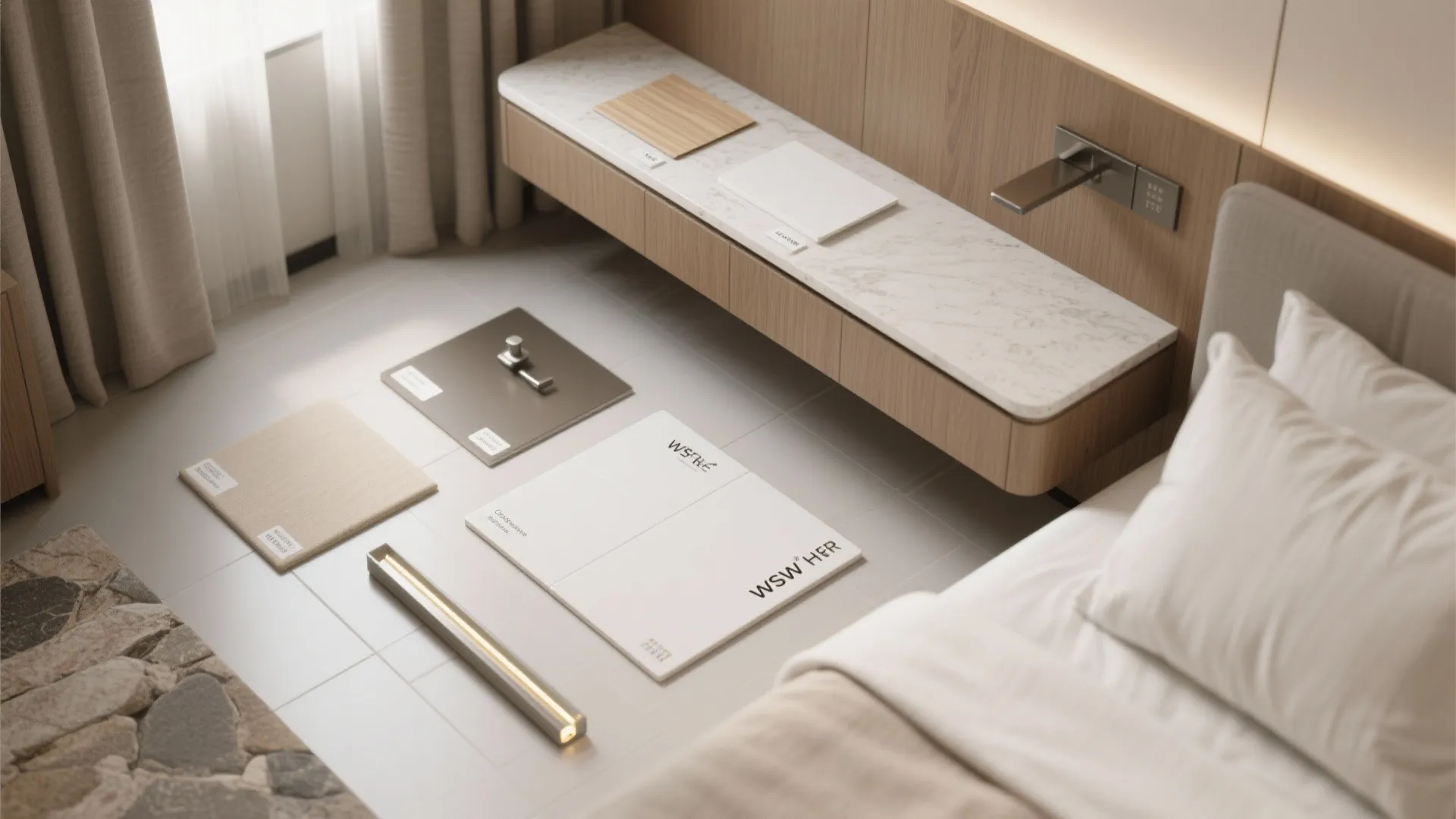 Flat lay of compact hotel materials: tile, HPL, oak veneer, fabric, hardware, and LED channel.