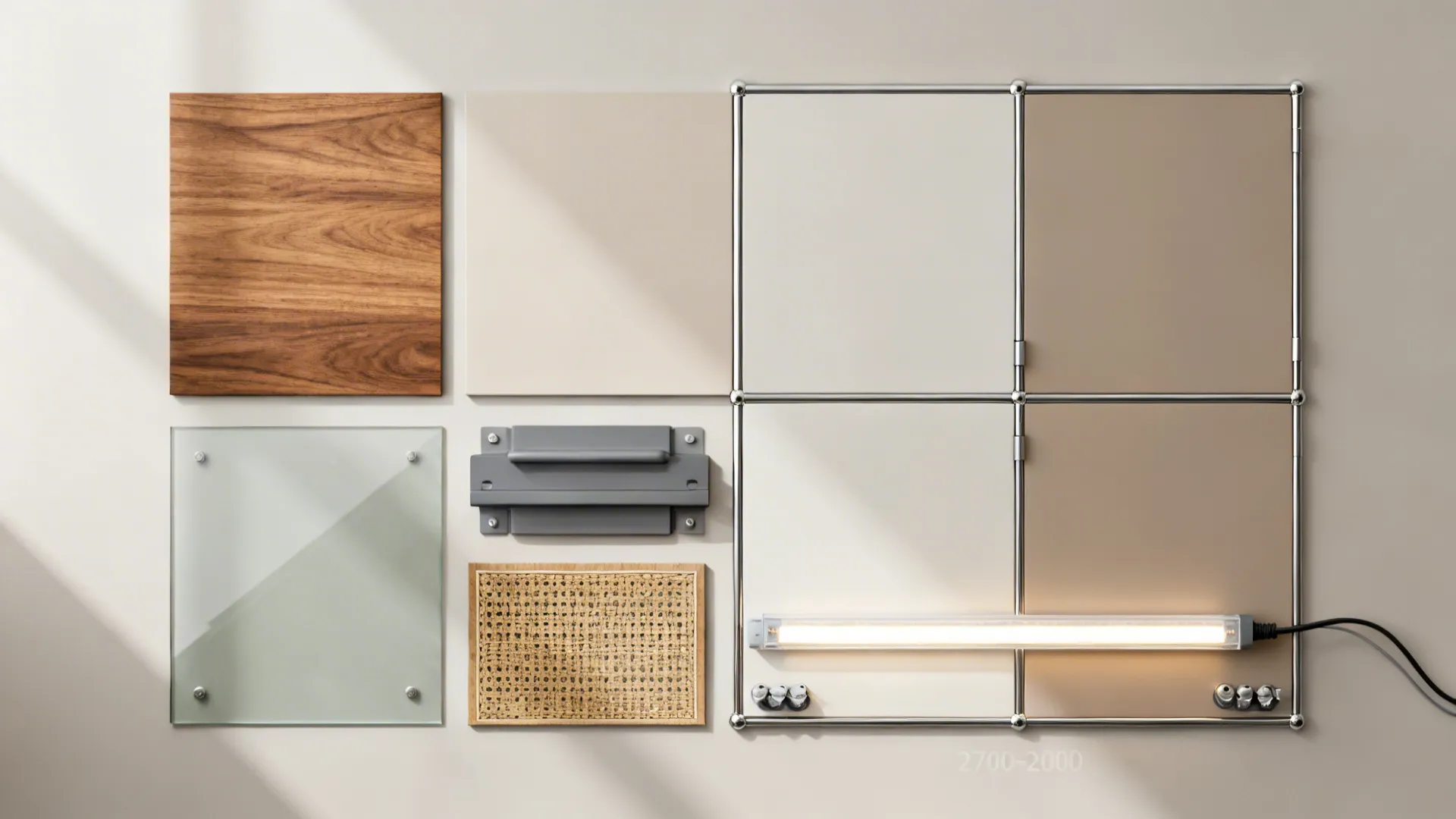 Collection of interior design materials including wood, glass, woven fabric, light fixture, and metal frame