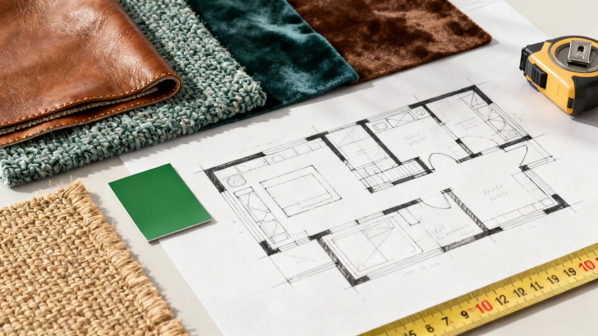 Hand drawn house floor plan with fabric samples leather pieces and a yellow tape measure