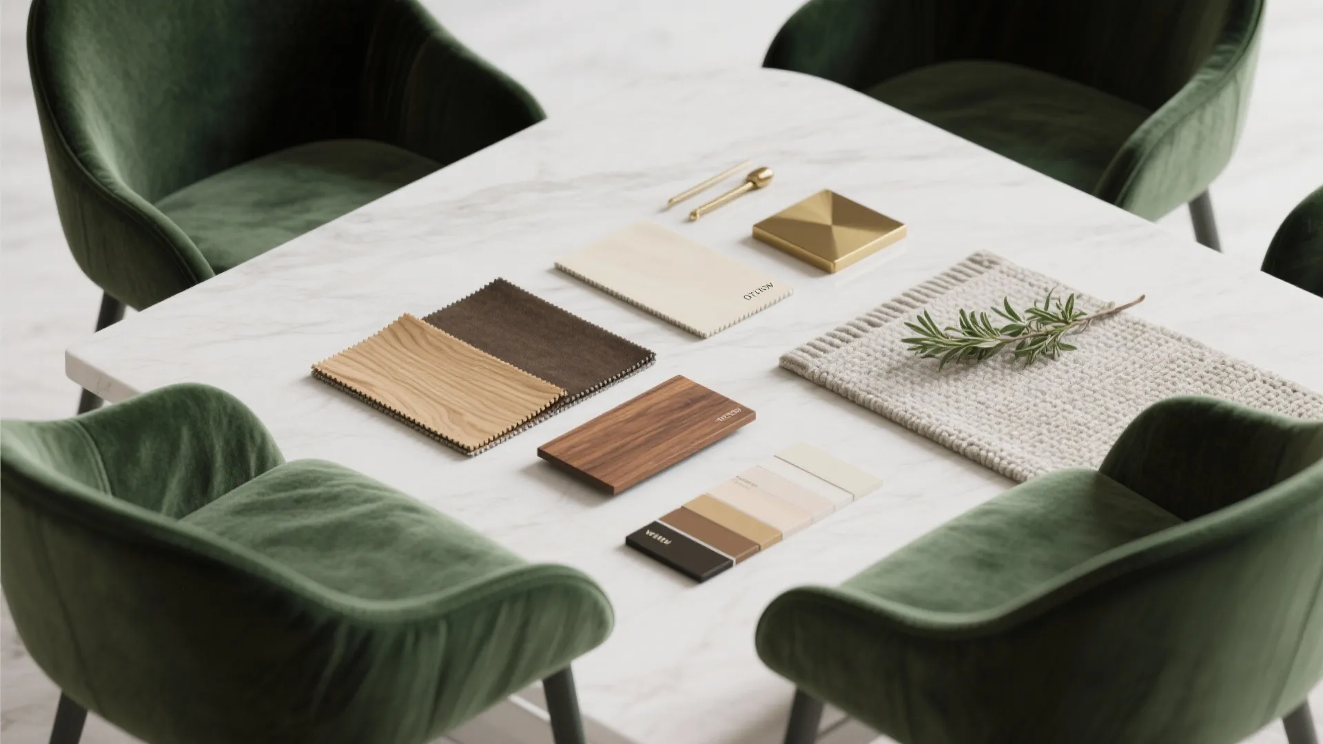 Flatlay of fabric, wood, brass, and paint swatches for dark green dining chair planning