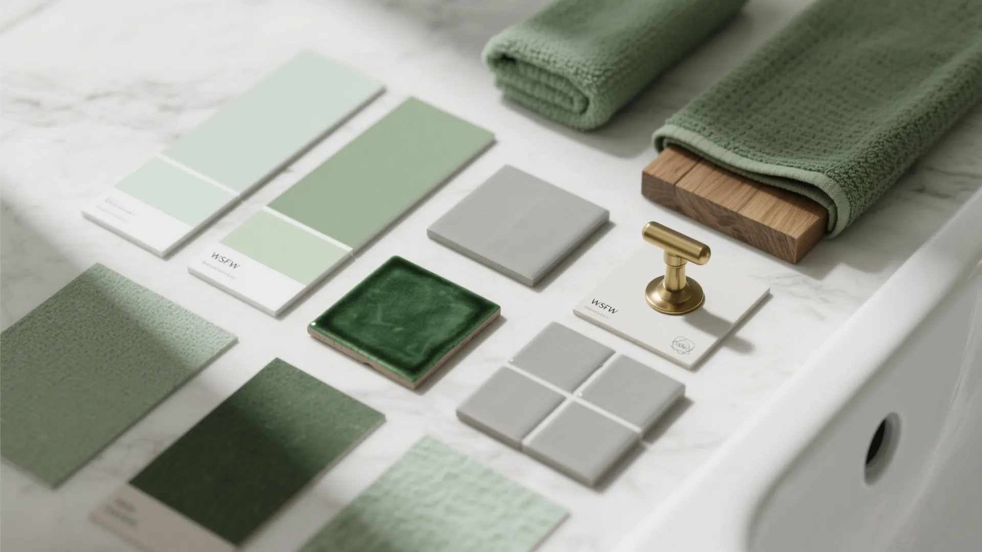 Flatlay of green and grey material samples including tiles, paint chips, brass swatch and fabrics