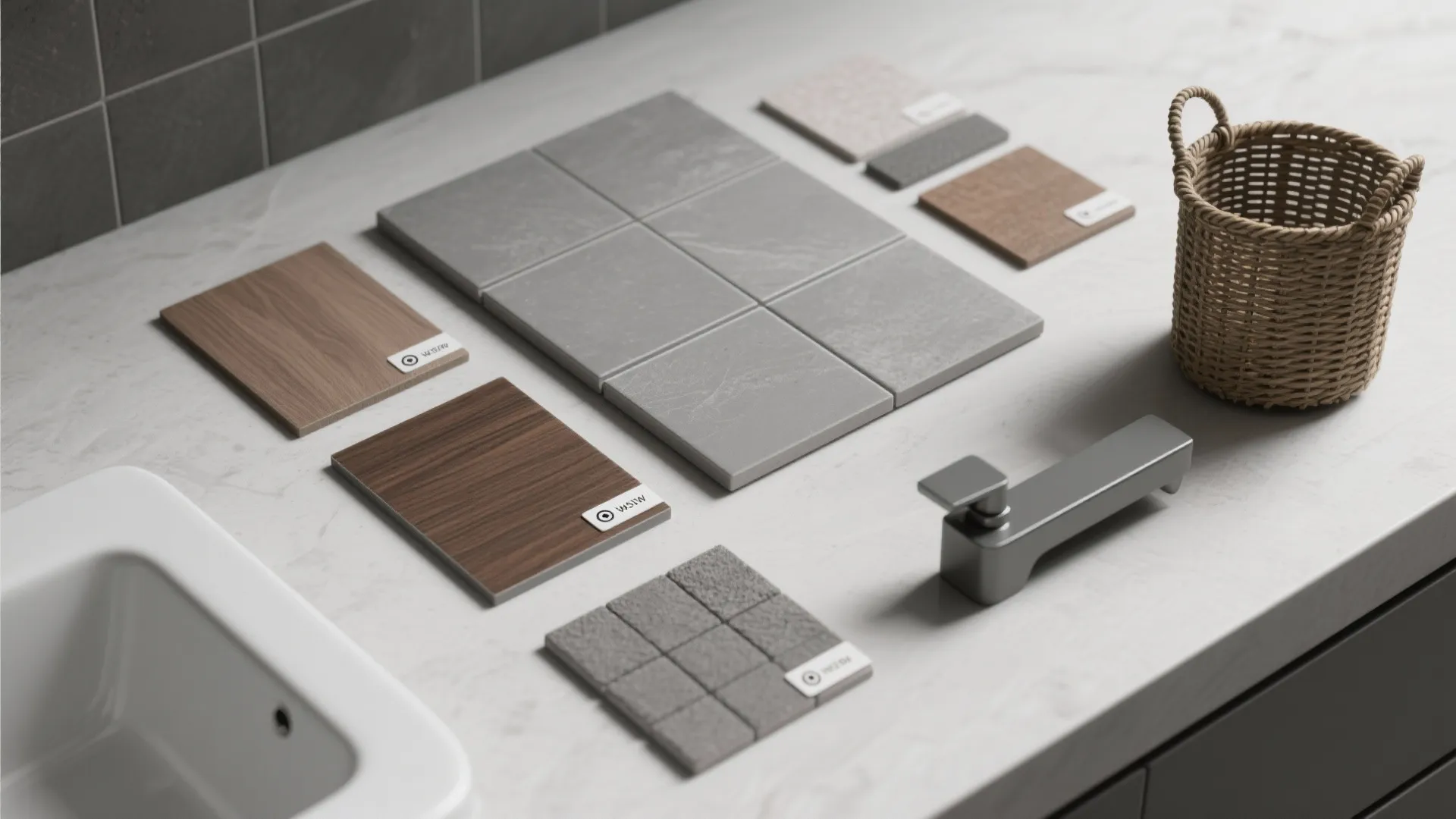 Interior design materials on a white counter with grey tiles wood samples and woven basket
