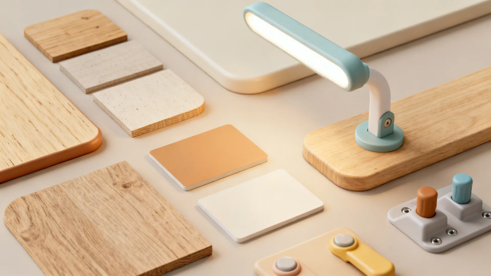 Collection of wood material samples and a small blue light fixture on a beige colored background
