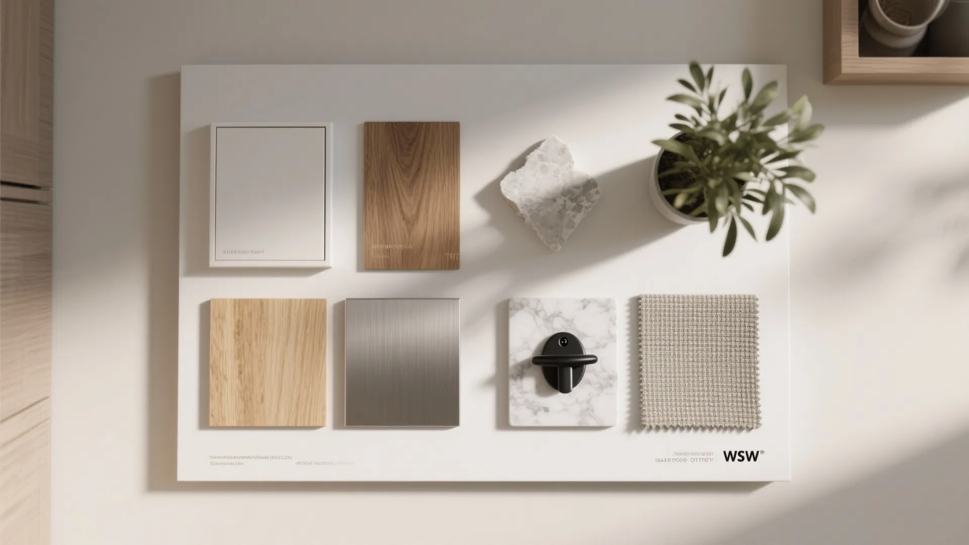 Flatlay of wood samples, white cabinet swatch, stainless sample, quartz chip and black hardware