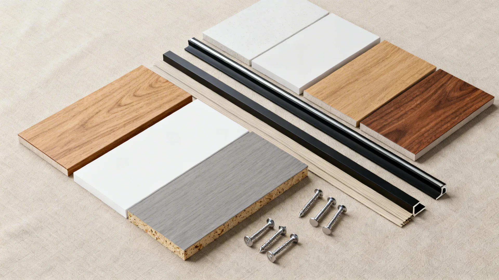 Flat lay of oak and walnut veneers with matte laminates and black metal trims.