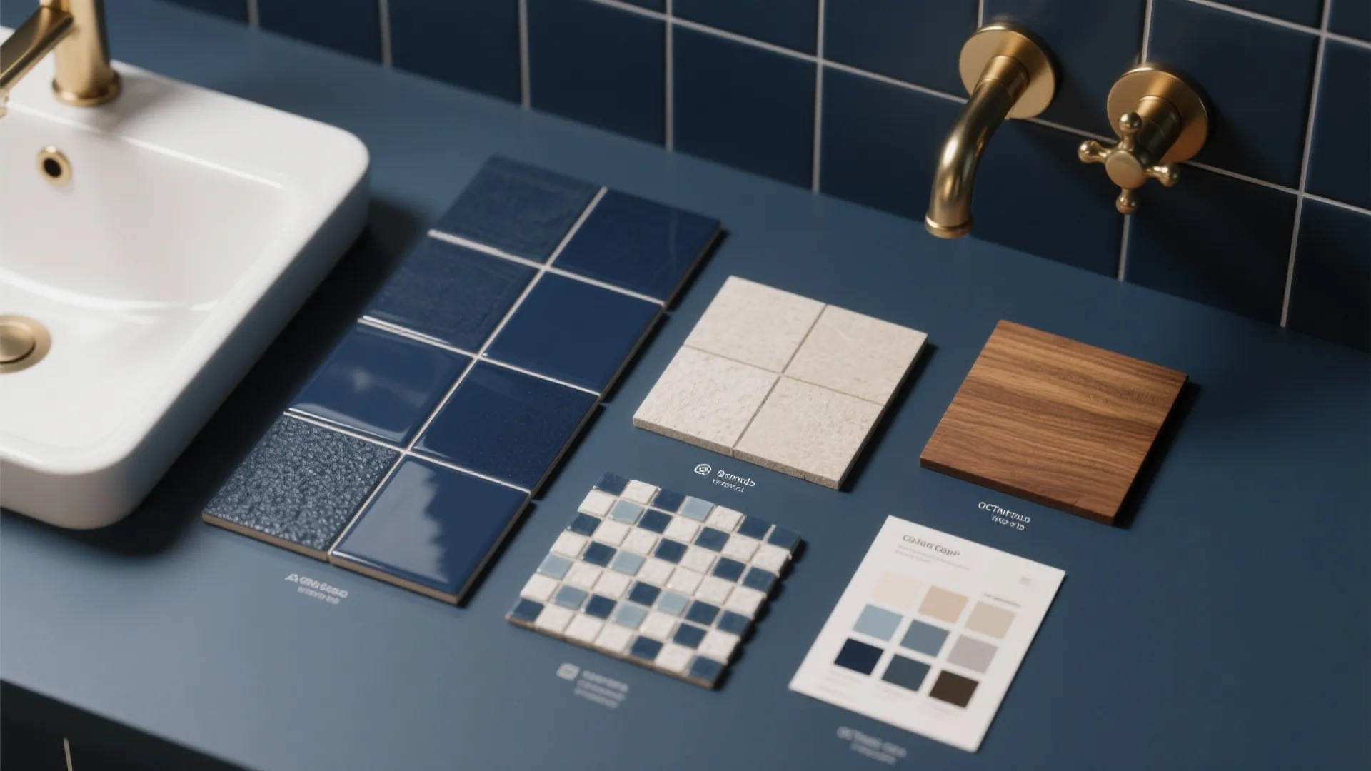Material collection flat lay with blue tiles wood samples color palette white sink and gold faucet