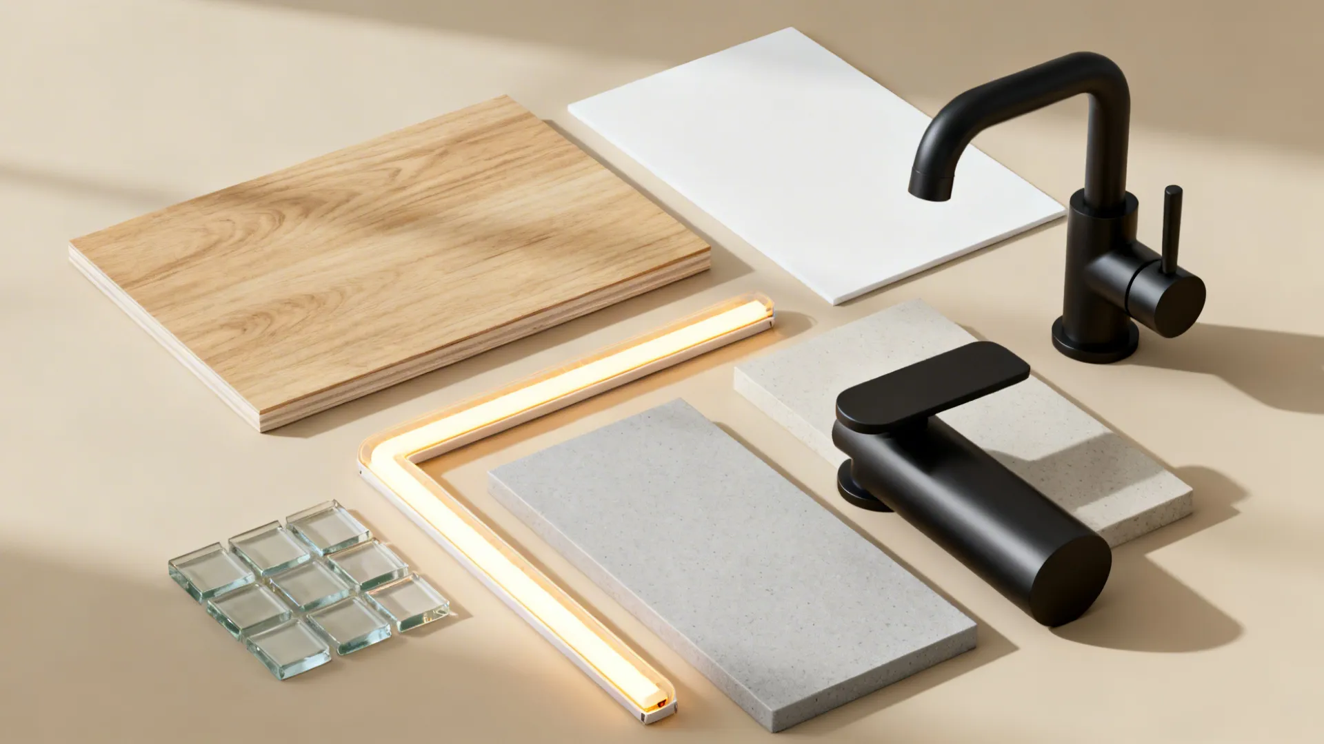 Flat lay of light oak, matte white, glass, gray surface, and matte black hardware for a calm palette.