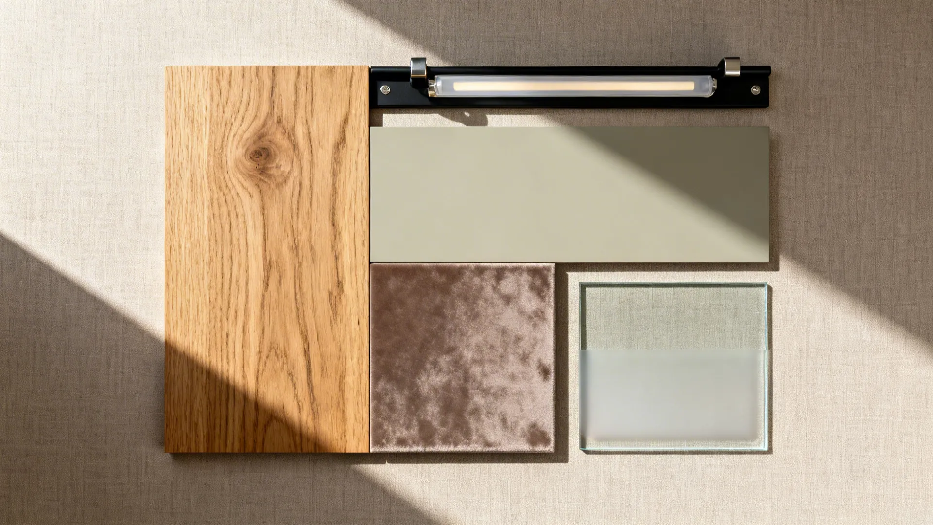 Flat lay of oak veneer, matte mushroom laminate, greige paint chip, rail hardware, LED diffuser, and glass swatch.