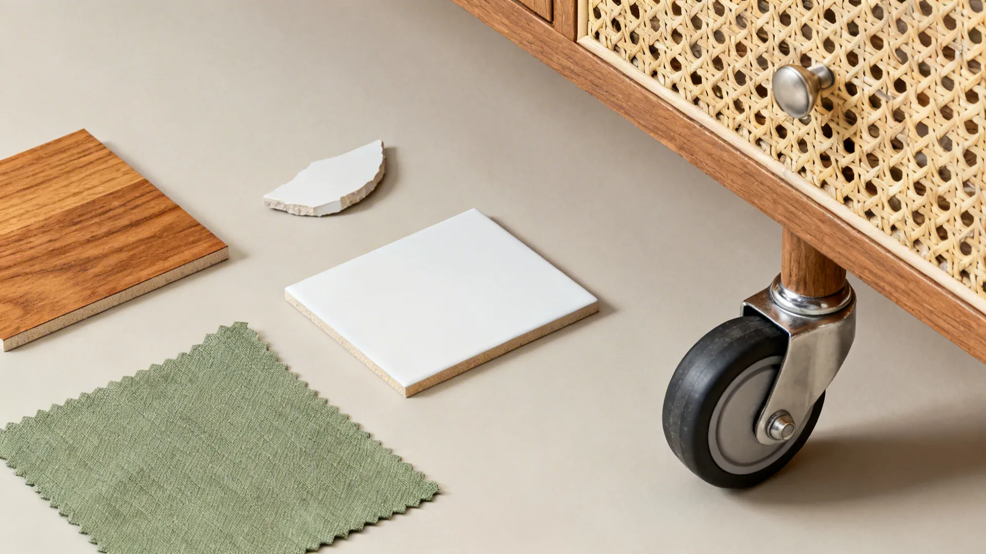 Interior design material samples including wood green fabric white tile and a small stone piece