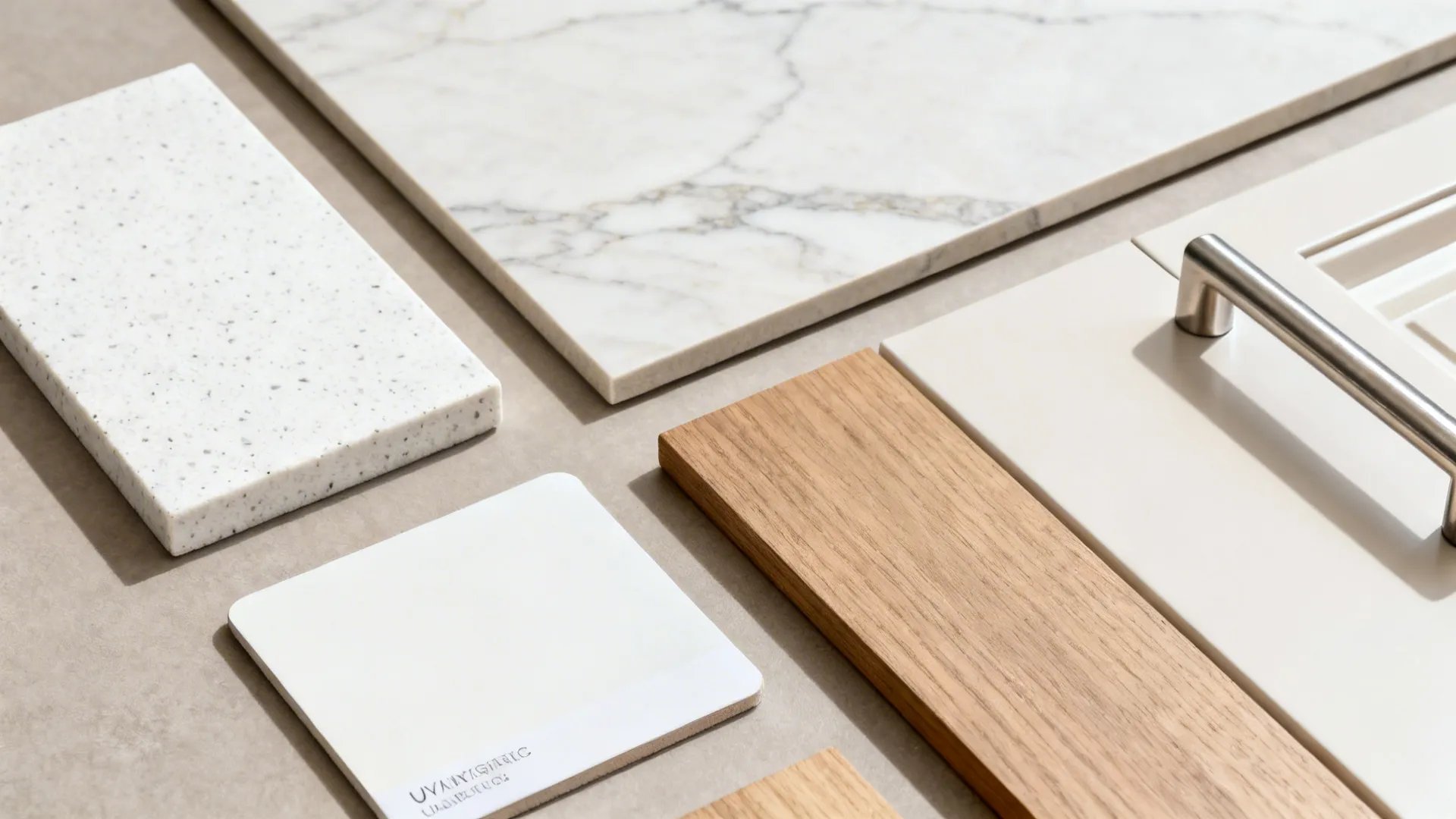 Flatlay of quartz, porcelain slab, matte paint, wood veneer, and stainless hardware for a modern kitchen.