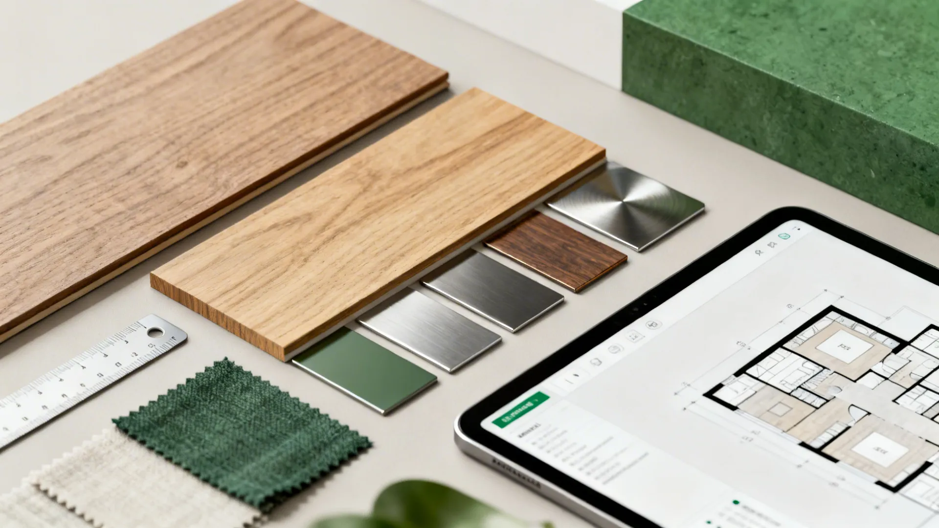 Tablet showing a floor plan surrounded by wood samples green fabric and small metal tiles