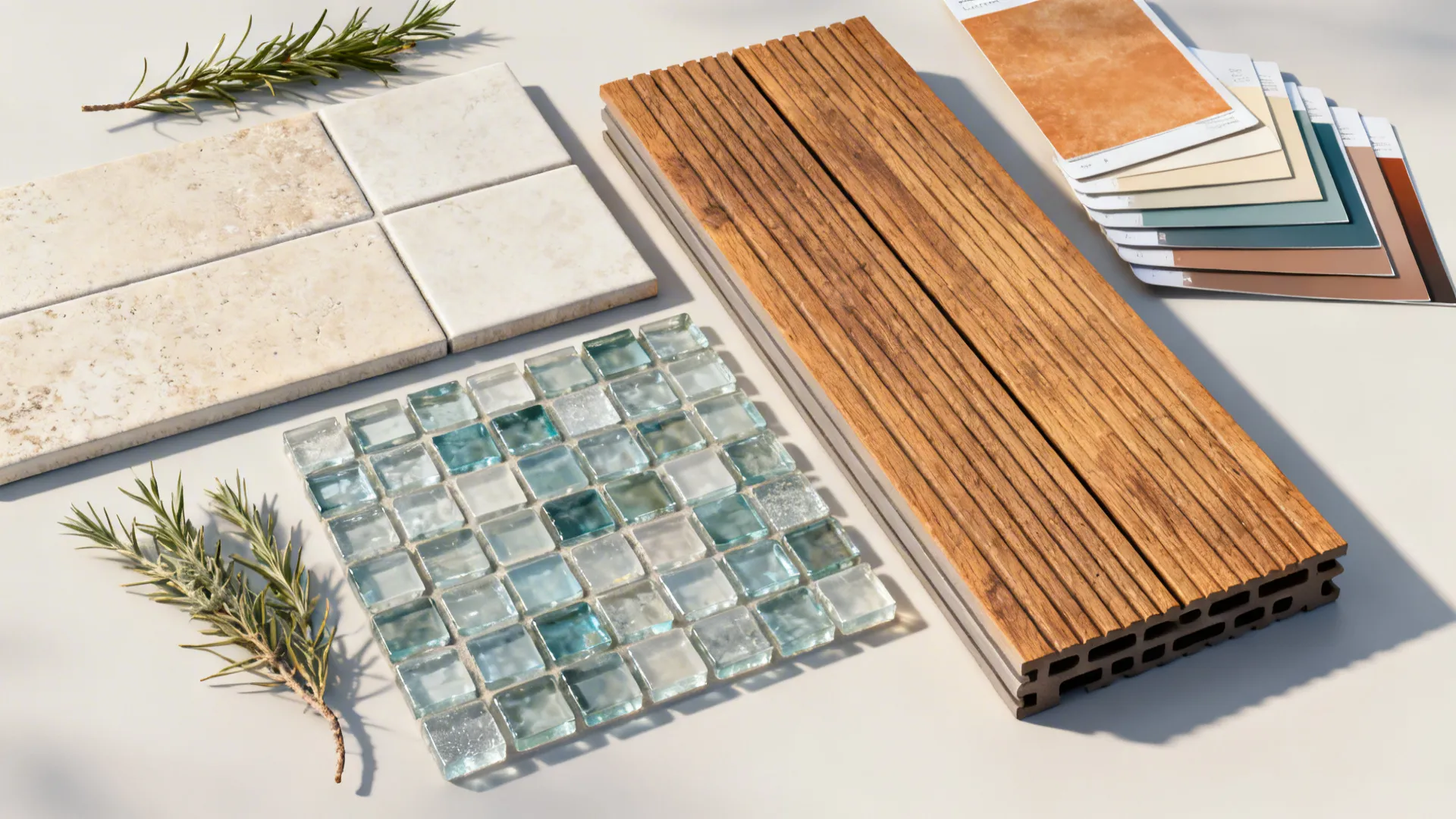 Material samples including tiles, decking, and plant clippings for a plunge pool project.