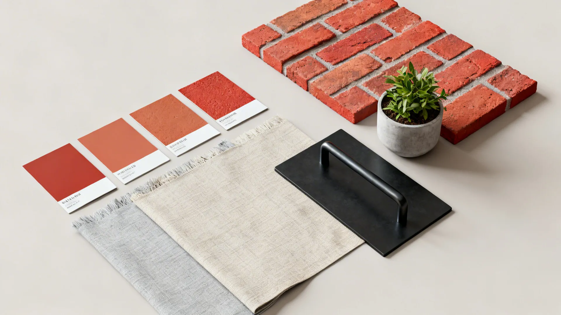 Flatlay of paint chips, fabric swatches, and finishes for planning a red accent wall palette.