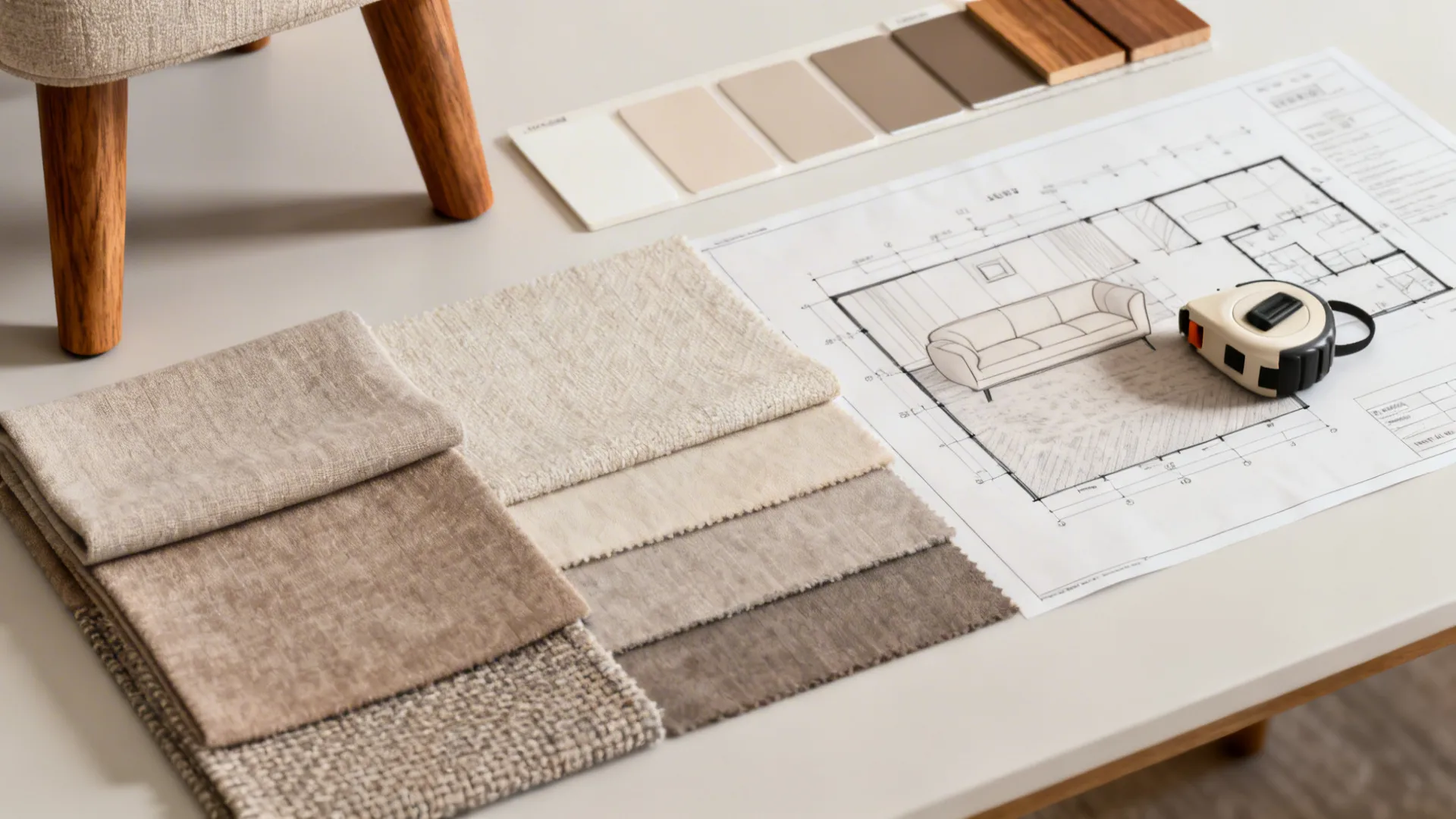 Flatlay of fabric swatches, wood samples and measuring tape for planning small living room furniture