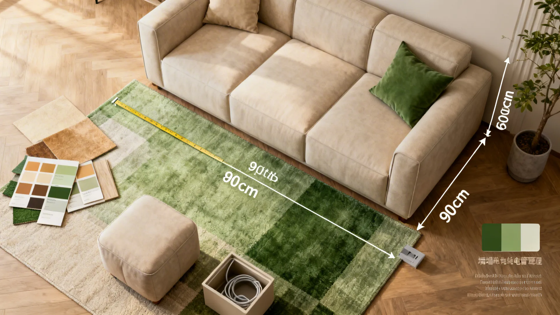 Beige sofa on green rug with color swatches and measuring tape showing room layout dimensions