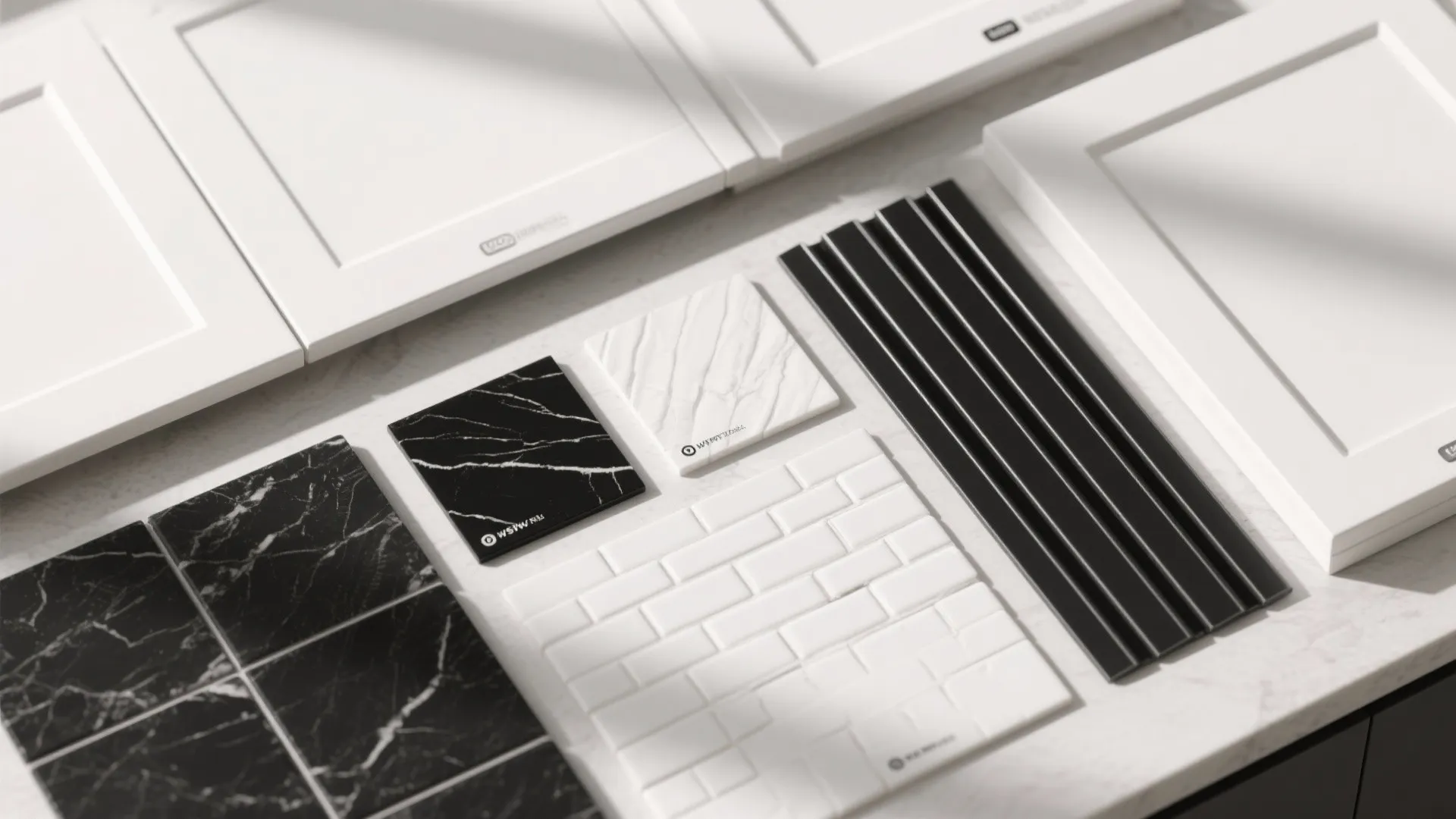 Flatlay of white and black material samples including tiles, stone, and metal for a kitchen concept