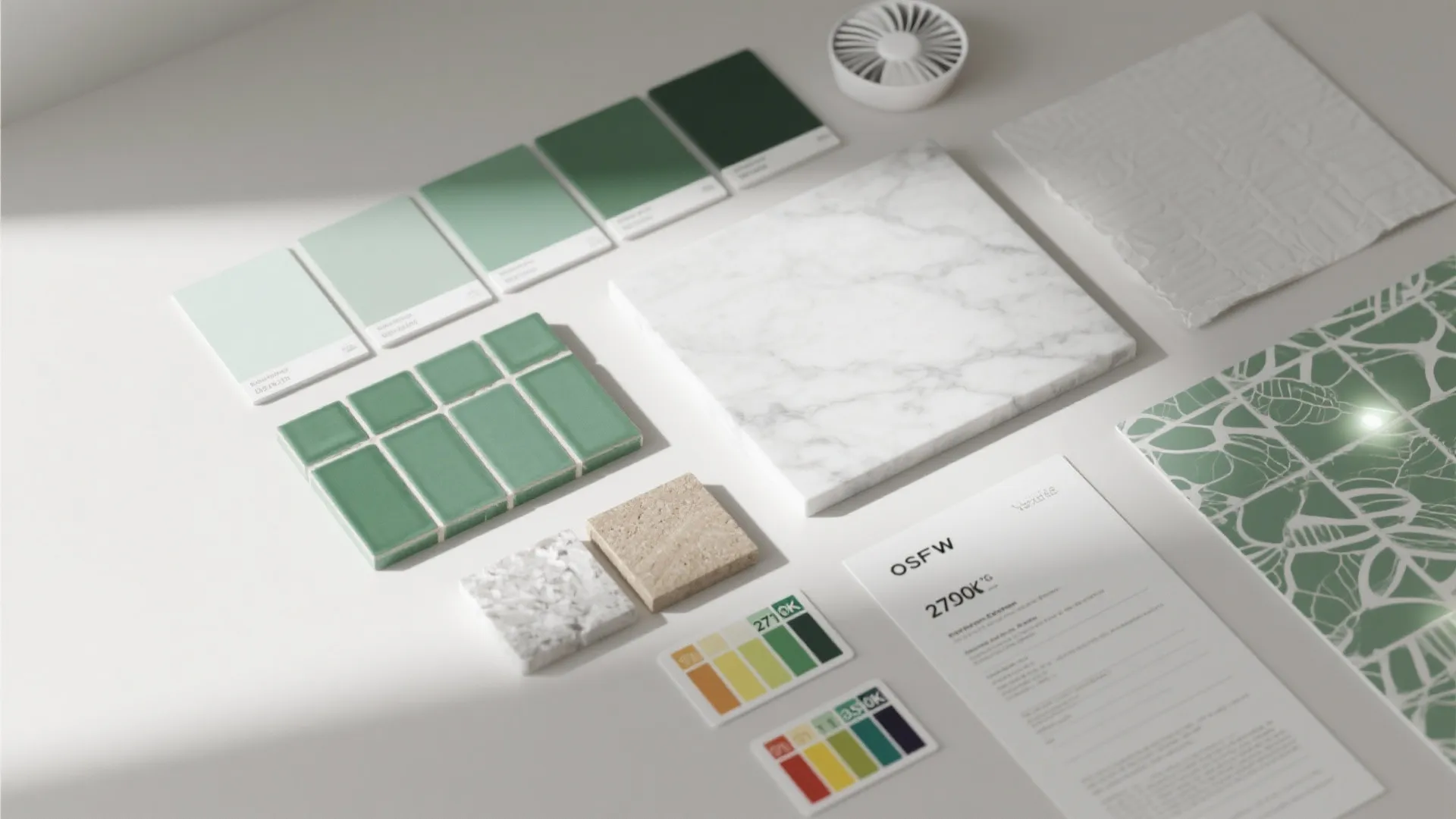Interior design material samples showing green color swatches marble tile green tiles and paper sheets