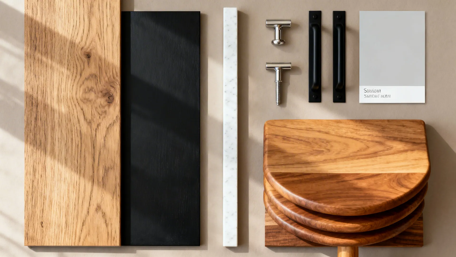 Flat lay of oak veneer, matte black panel, slim white quartz, and hardware finishes.