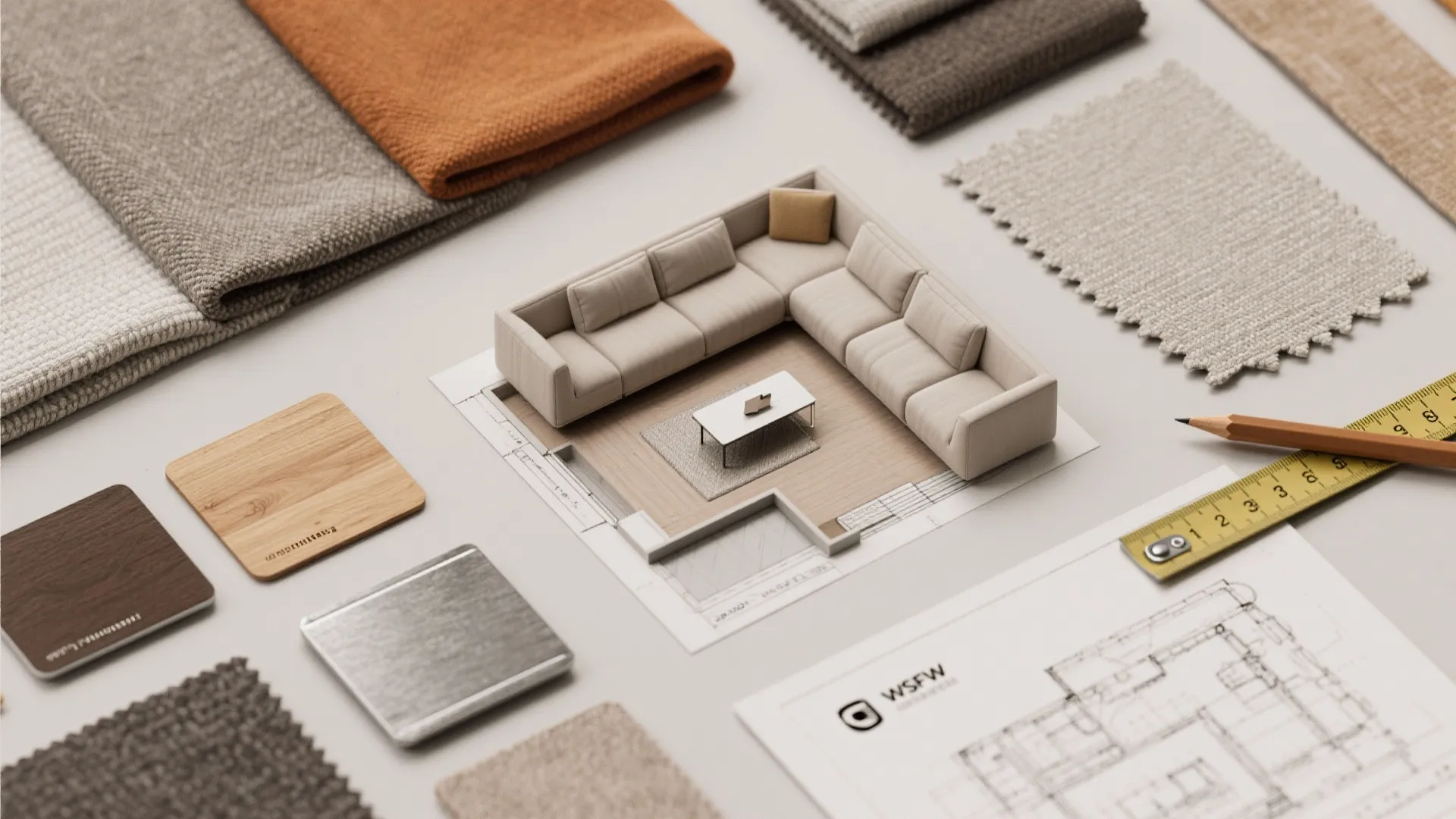 Top-down flatlay of fabric swatches, material chips and a small floorplan for planning three-piece living layouts