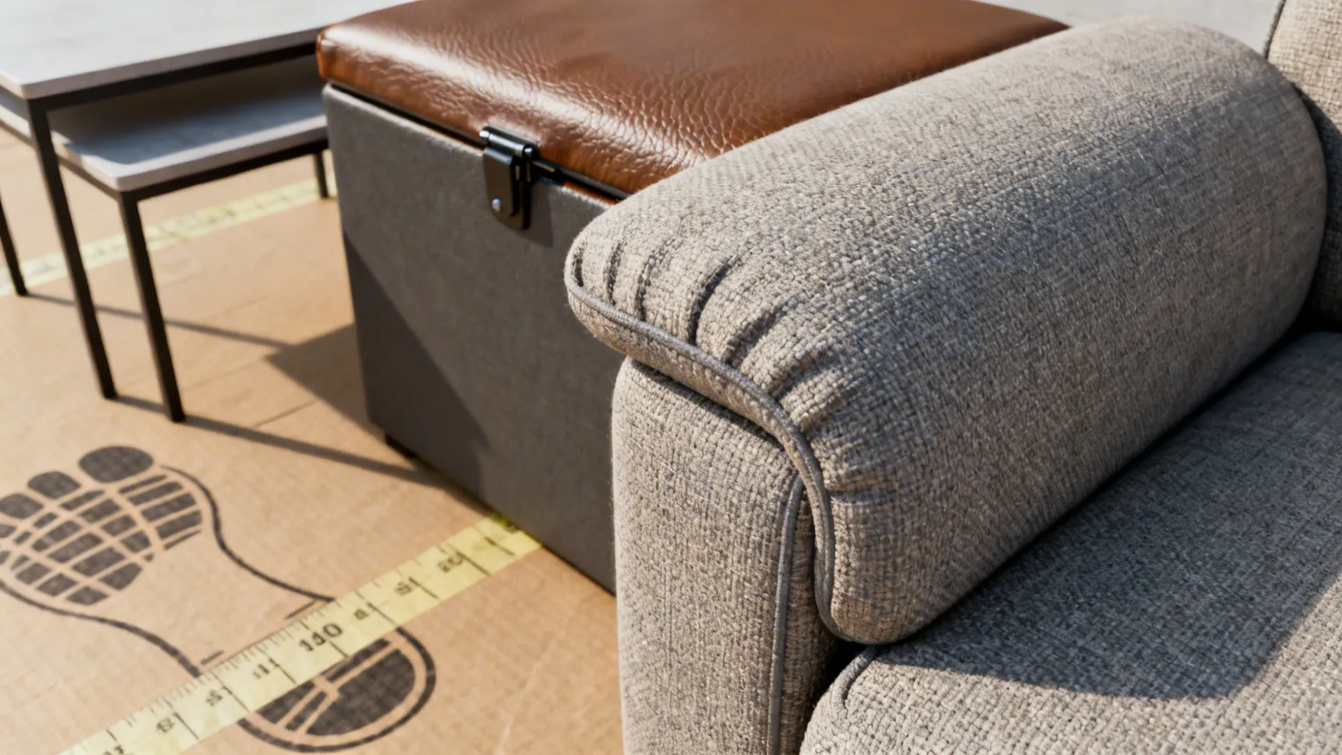 Detail of recliner upholstery, storage ottoman hinge and kraft paper footprint measurements