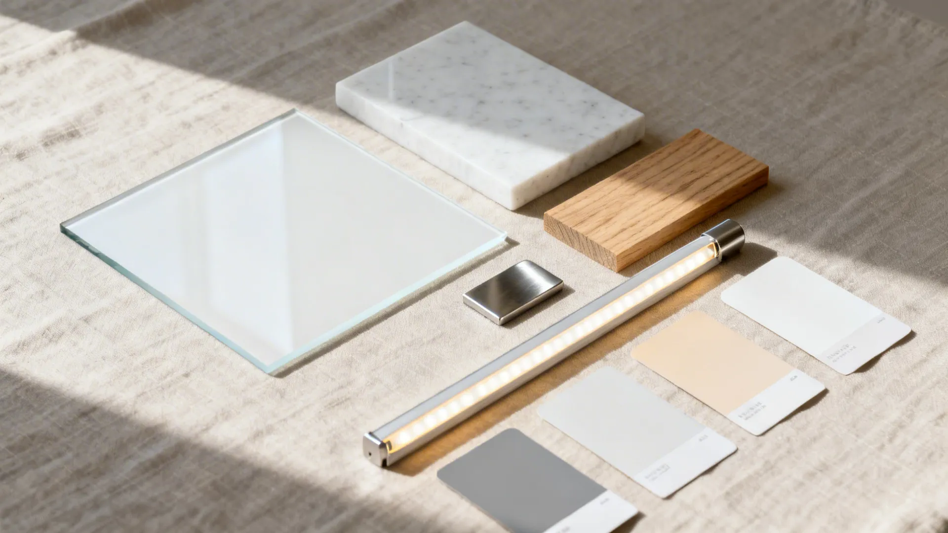 Flat lay of back-painted glass, quartz, oak veneer, stainless, and warm LED strip.