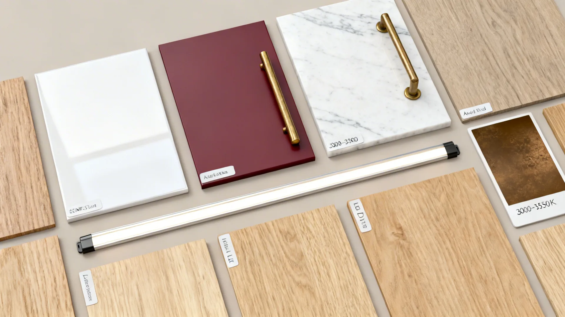 Flat lay of glossy white, matte burgundy, white quartz, brass and bronze finishes with oak.