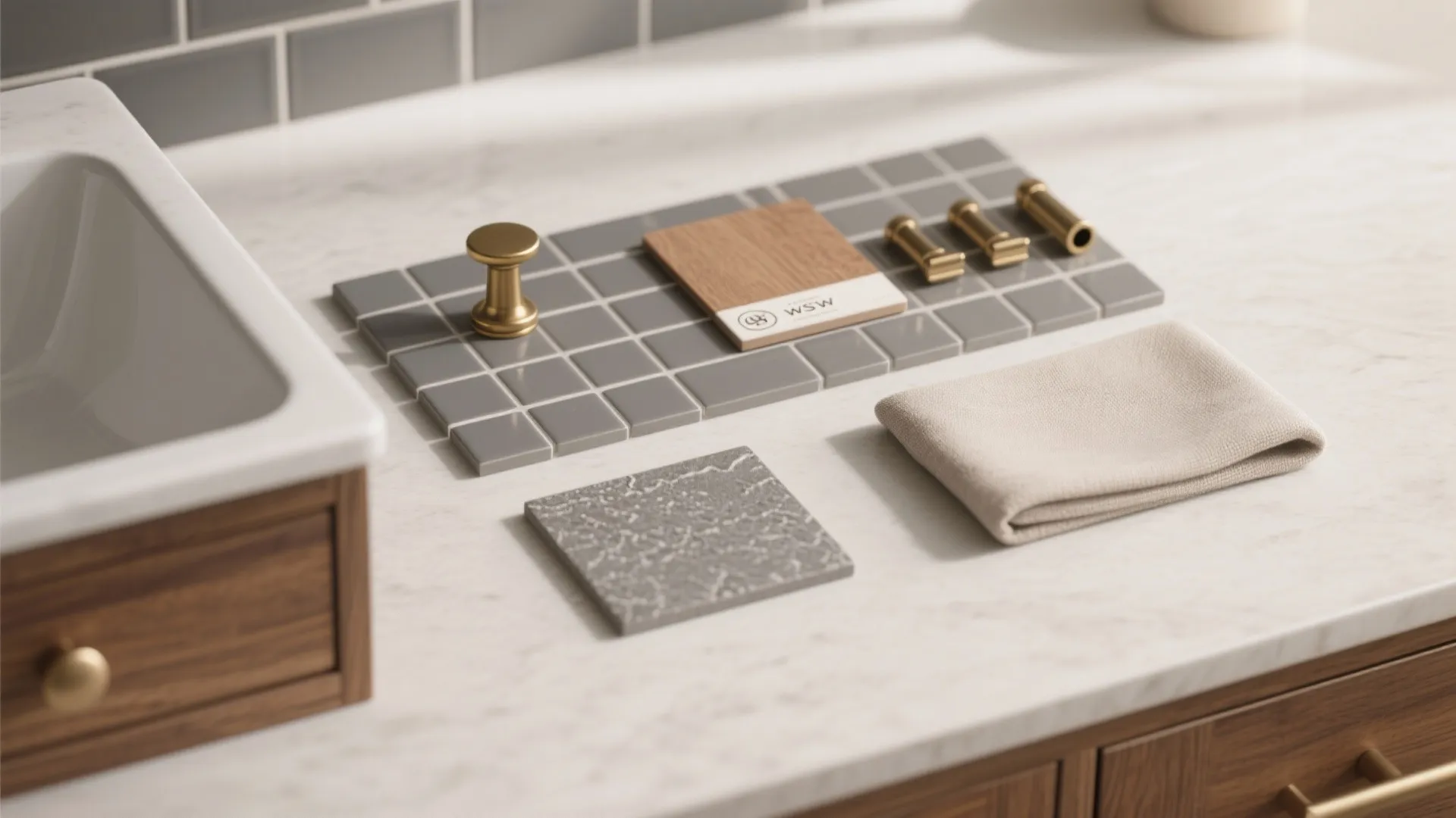 5. Mixed Materials: Gray Tile with Warm Wood or Brass