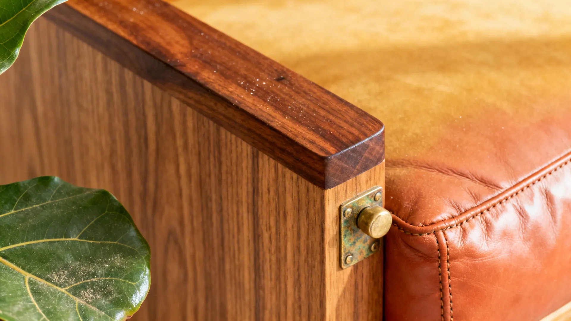 Materials sample showing teak, walnut, leather, brass and a plant leaf for a mid century interior.