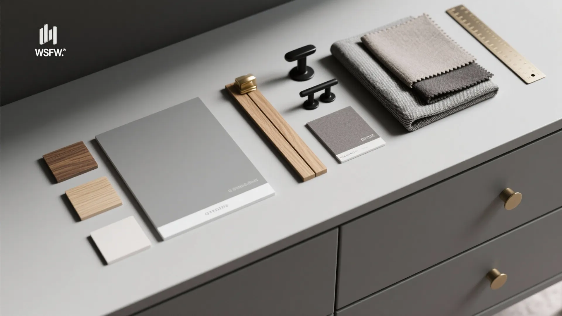Top-down flatlay of grey paint chips, wood veneer, and hardware samples.