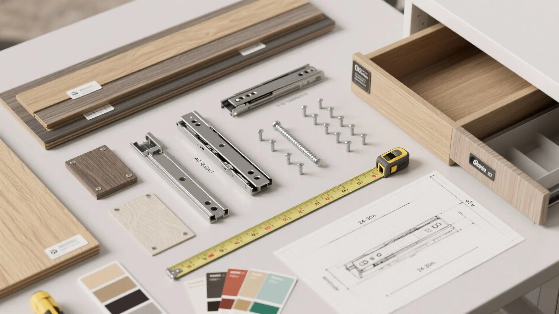 Flatlay of moisture-resistant material samples, heavy-duty slides, and measurement notes for laundry folding tables.