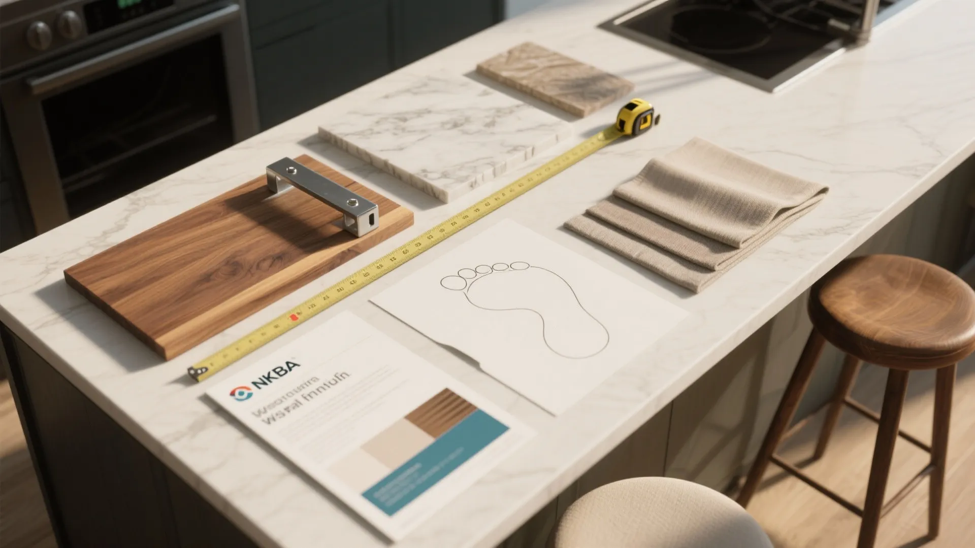 Wood board, marble tile, fabric samples, and measuring tape on a white kitchen island countertop
