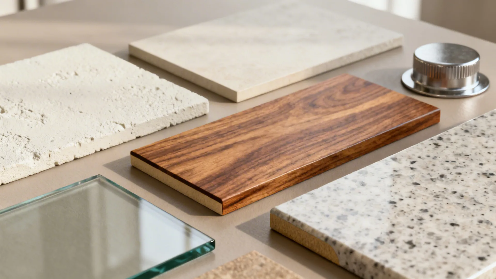 Interior design material samples including wood stone glass and marble tiles on a neutral table