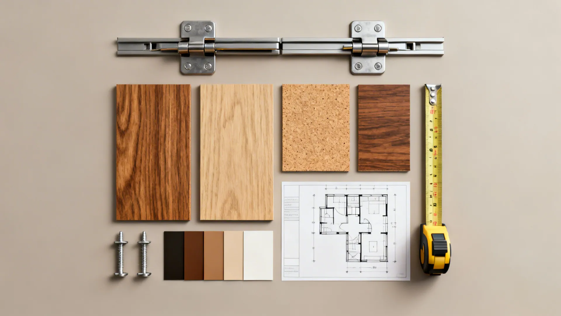 Flatlay of fold-down table materials and heavy-duty hardware including hinges, anchors, and wood swatches.