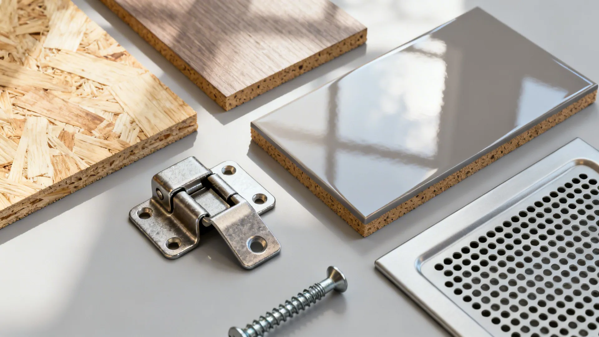 Material and hardware samples including plywood veneer, lacquered MDF, hinge and ventilation grille for wall units