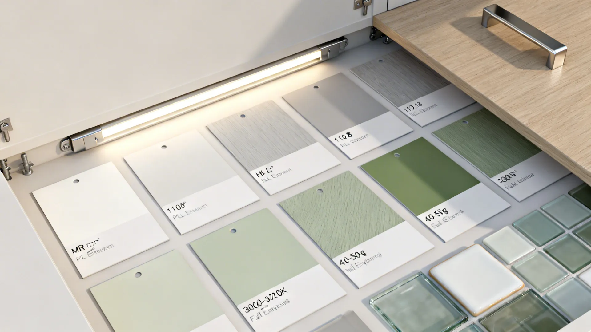 Flat lay of MDF, HPL laminates, hinges, slides, LED strips, shelf pins, and pulls for kitchen cabinets.