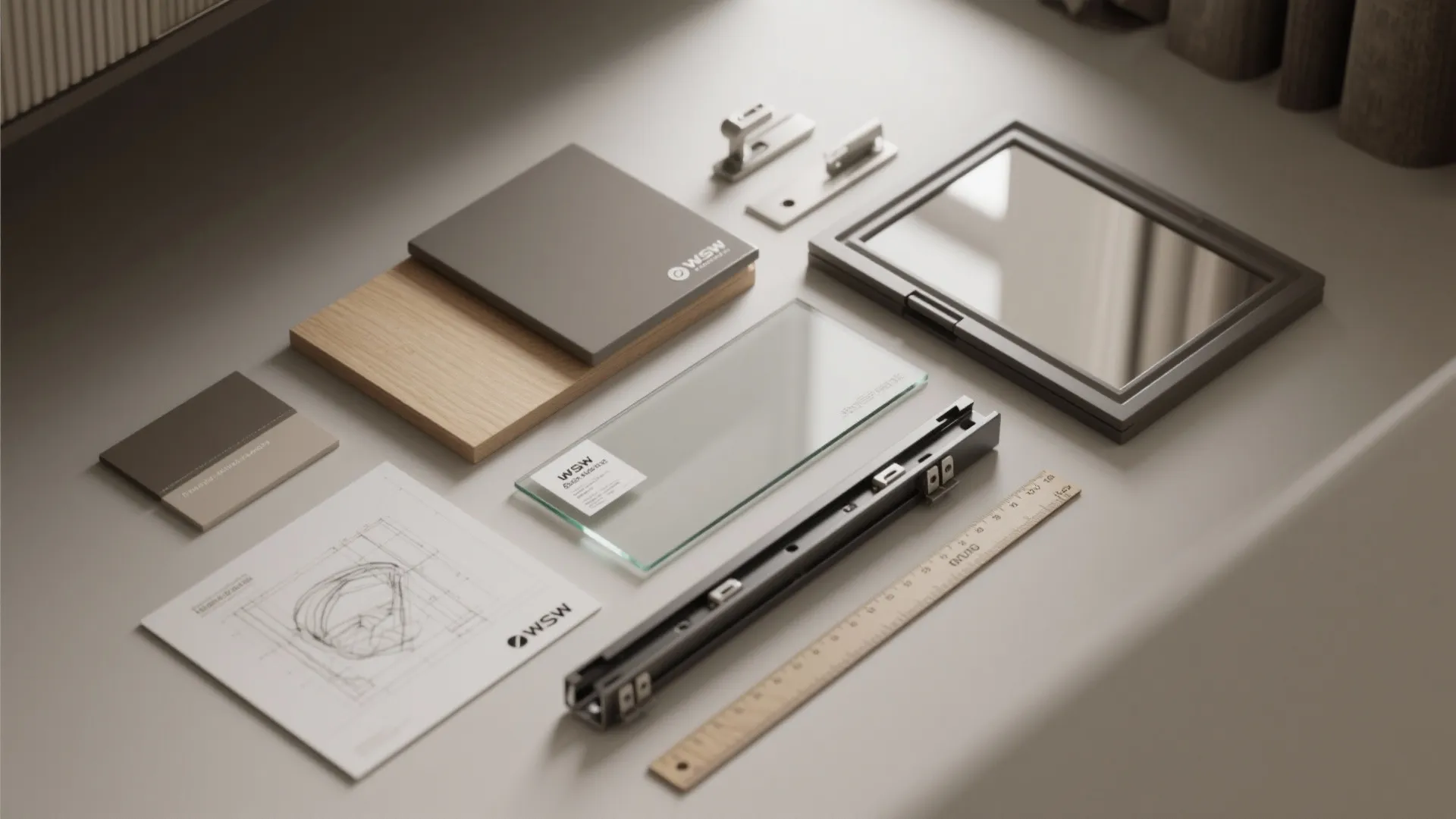 Flatlay of material samples and soft-close hardware for sliding vanity projects